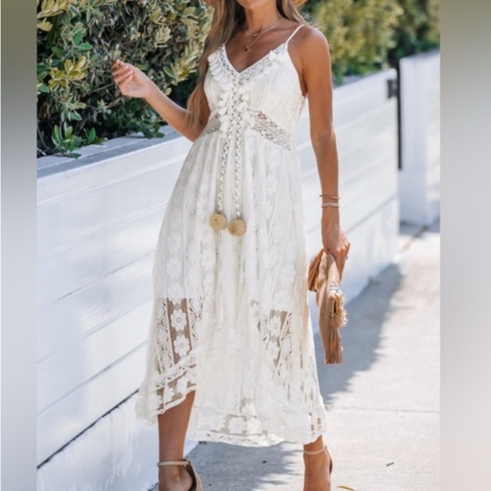 Cupshe Ivory Lace Boho Maxi Sun Dress Prairie‎ Coastal Cowgirl Resort Medium
